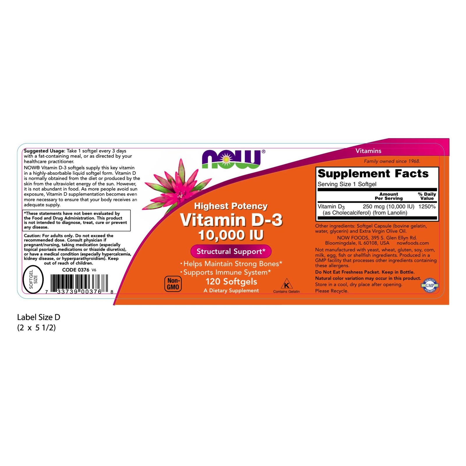 NOW Foods Vitamin D3 D3 10,000 IU 120 Softgels Bone Health SAD