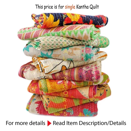 Vintage Throw Kantha Quilt Indian Handmade Cotton Bedspread Reversible Bedding
