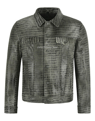 Leder TRUCKER JACKE grau Vintage exotisch Kroko Print Leder 70er Hemdjacke