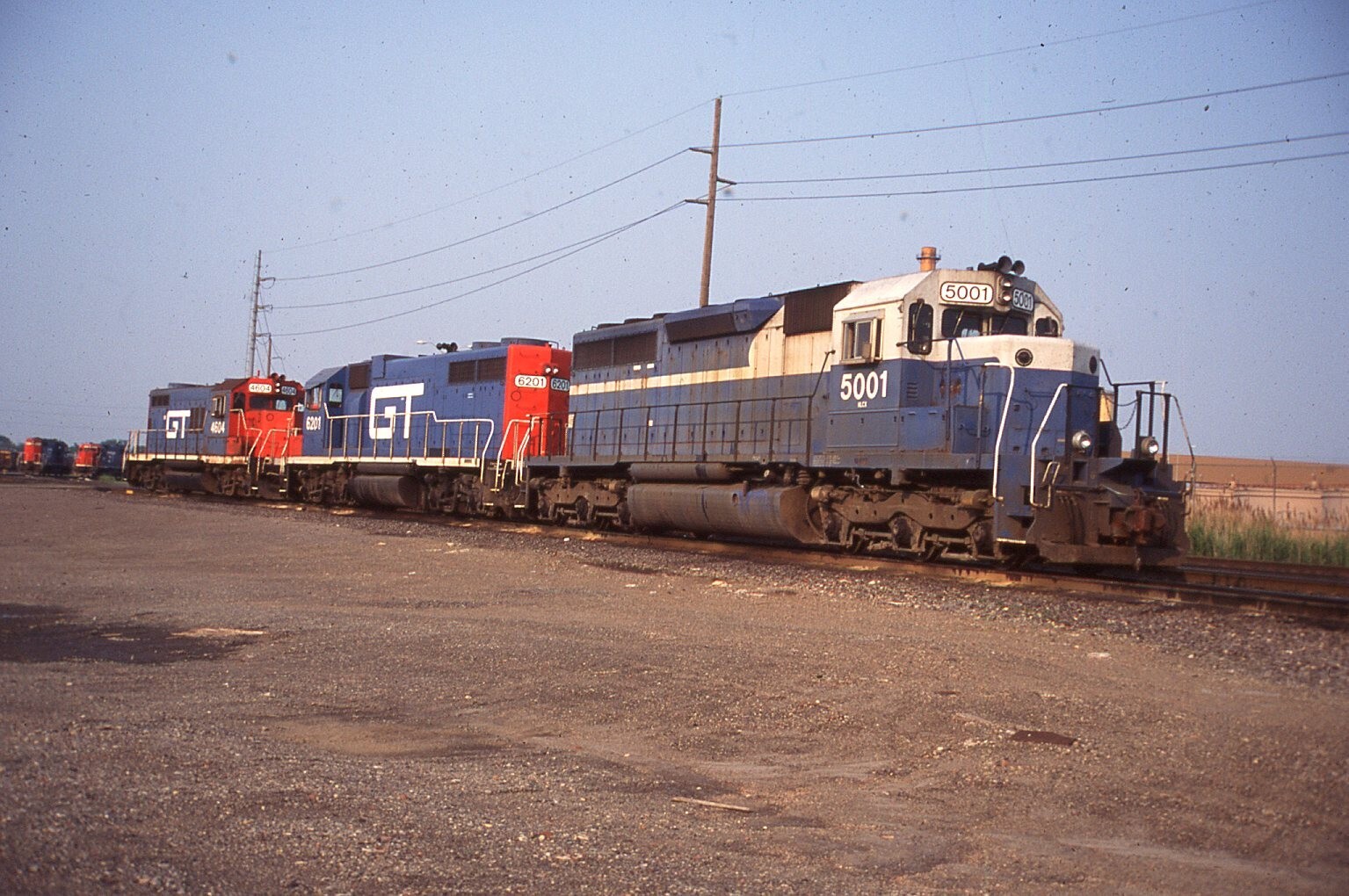 Original Train Slide  HCLX #5001, Grand Trunk 6201 & 4604  Pole Town 1996 #33