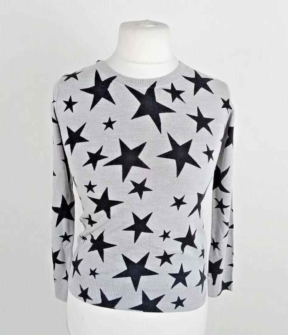 M S Women s Jumper Light Grey Black Stars Round Crew Neck Sizes 6 16 22 NWOT F2