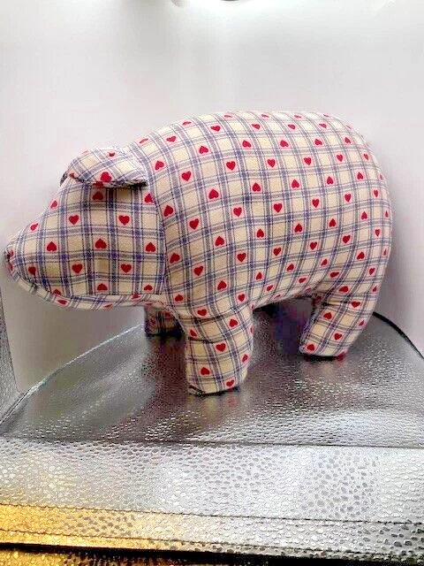 Pig Pillow handmade red hearts blue and white pattern - Image 2 of 4