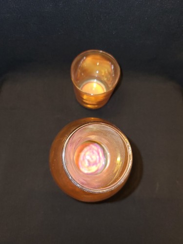 VINTAGE OLD MARIGOLD IMPERIAL CARNIVAL GLASS IRIDESCENT PLAIN FLASK WITH GLASS - Picture 5 of 5
