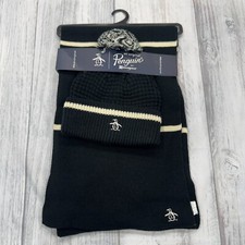 NWT Original Penguin Scarf and Beanie Knit Winter Hat Set Black Pom Mens