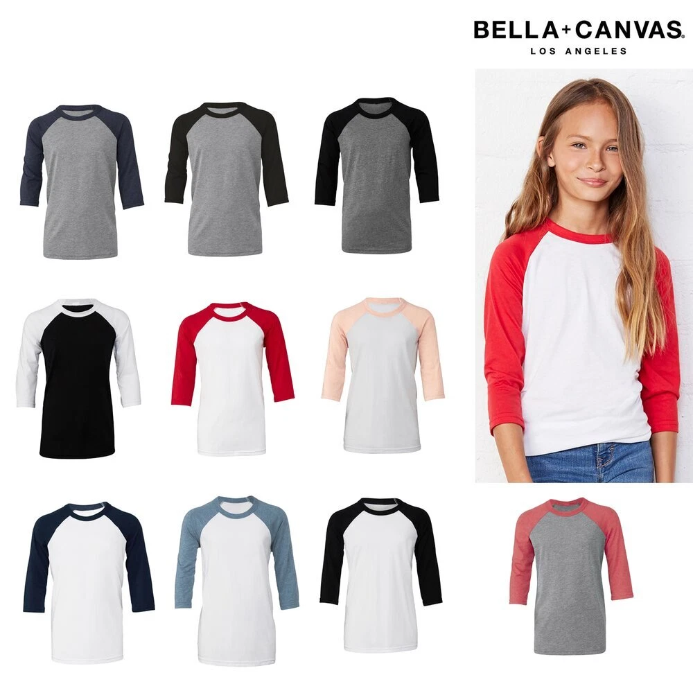 Bella Canvas Youth 3 4 Sleeve Baseball T shirt 3200Y Unisex Crew Neck Tee
