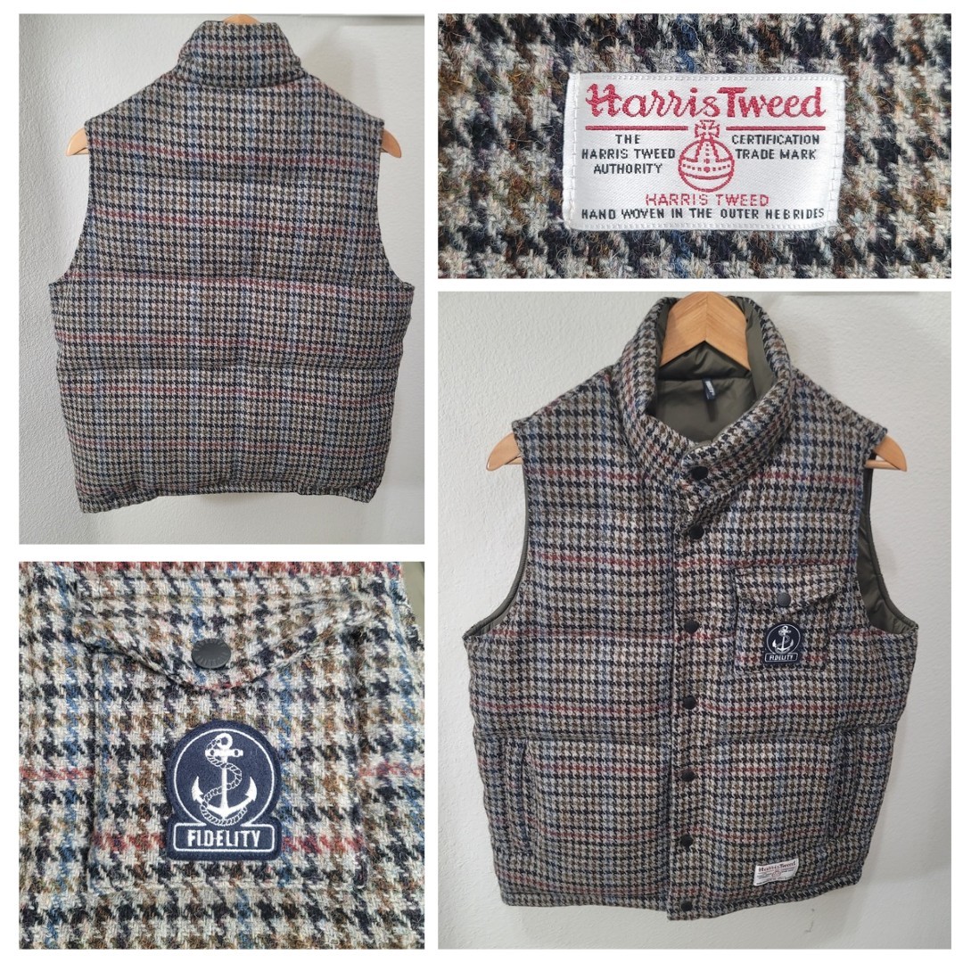 Fidelity x Harris Tweed Down Puffer Vest Mens Large Blue Brown