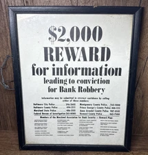Vintage Bank Robbery $2000 Reward Poster Framed Sign Baltimore MD  8.5" x 10.5"