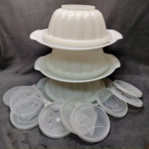 VTG Tupperware Jel-N-Serv Jello Mold SET #616 White 6pc w/8" Y Lid 229 ~No Heart