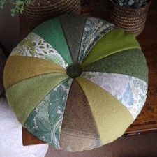 Gorgeous Green Handmade Patchwork Circular Cushion 38cm Wool Tartan Cotton VGC