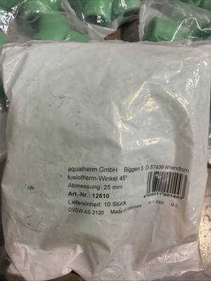 Aquatherm 12510 Fusiotherm 25mm 45° Elbow PP-R Pipe Fittings Lot of 50 (5 Packs)