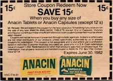 Save 15C Any Size Of Anacin Tablets Or Capsules Clinton IA 1981 Coupon TAJ4-4