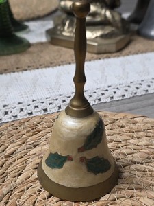 Vintage Brass Enameled Hand Bell Christmas Holiday Decor Art Music 4-3/4" Tall