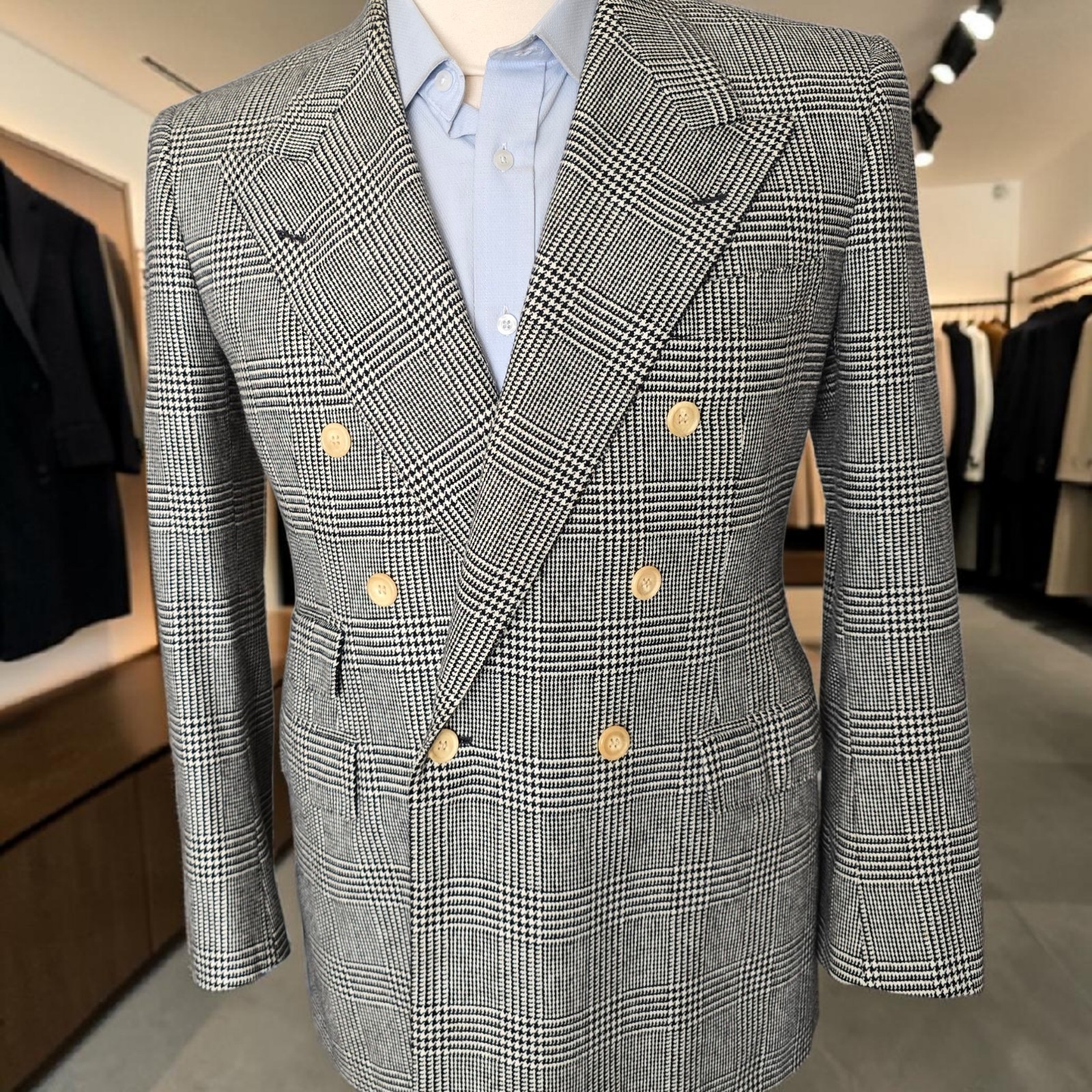 Bespoke Double Breasted Blazer 38r Full Canvas Wool Cashmere Working Cuff Plaid