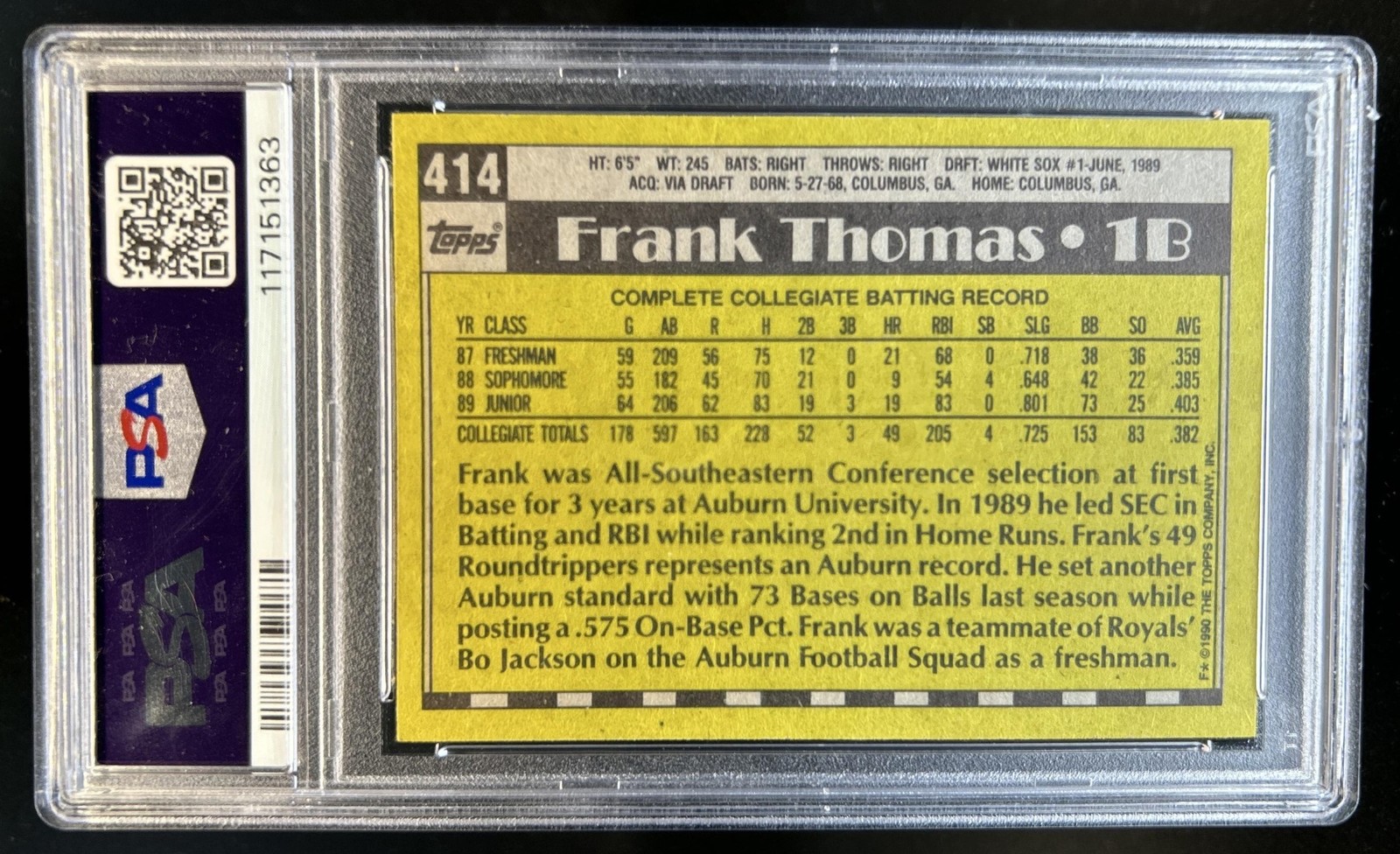 1990 Topps Frank Thomas Name on Front - Debut #414 White Sox PSA 8 view 2