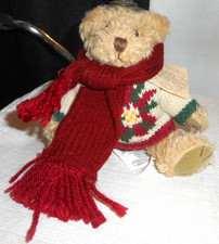 Russ Berrie Bears From The Past 4" Tan Bear Poinsettia Christmas Sweater Scarf