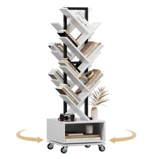 7 Tier Tree-Shaped Rotating Bookshelf, Double Sided, Small Bookcase with Stor...