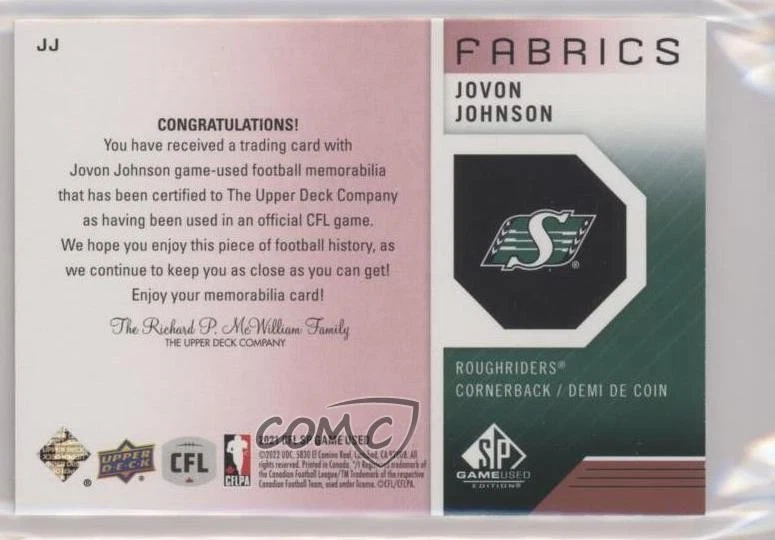 2021 SP Game Used Edition CFL Fabrics Patch /25 Jovon Johnson #JJ Patch - Image 2 of 2
