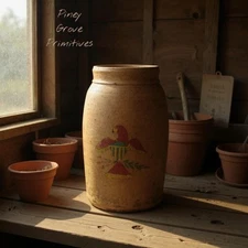 Primitive Antique Salt Glaze Stoneware Crock Americana Hand Painted Eagle
