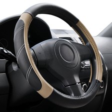 Universal Leather Steering Wheel Cover 14 1/2 to 15 Inch Black and Beige
