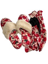 Victoria  s Secret Signature Satin Slippers Large Fur Trim Slide with Bag NWT