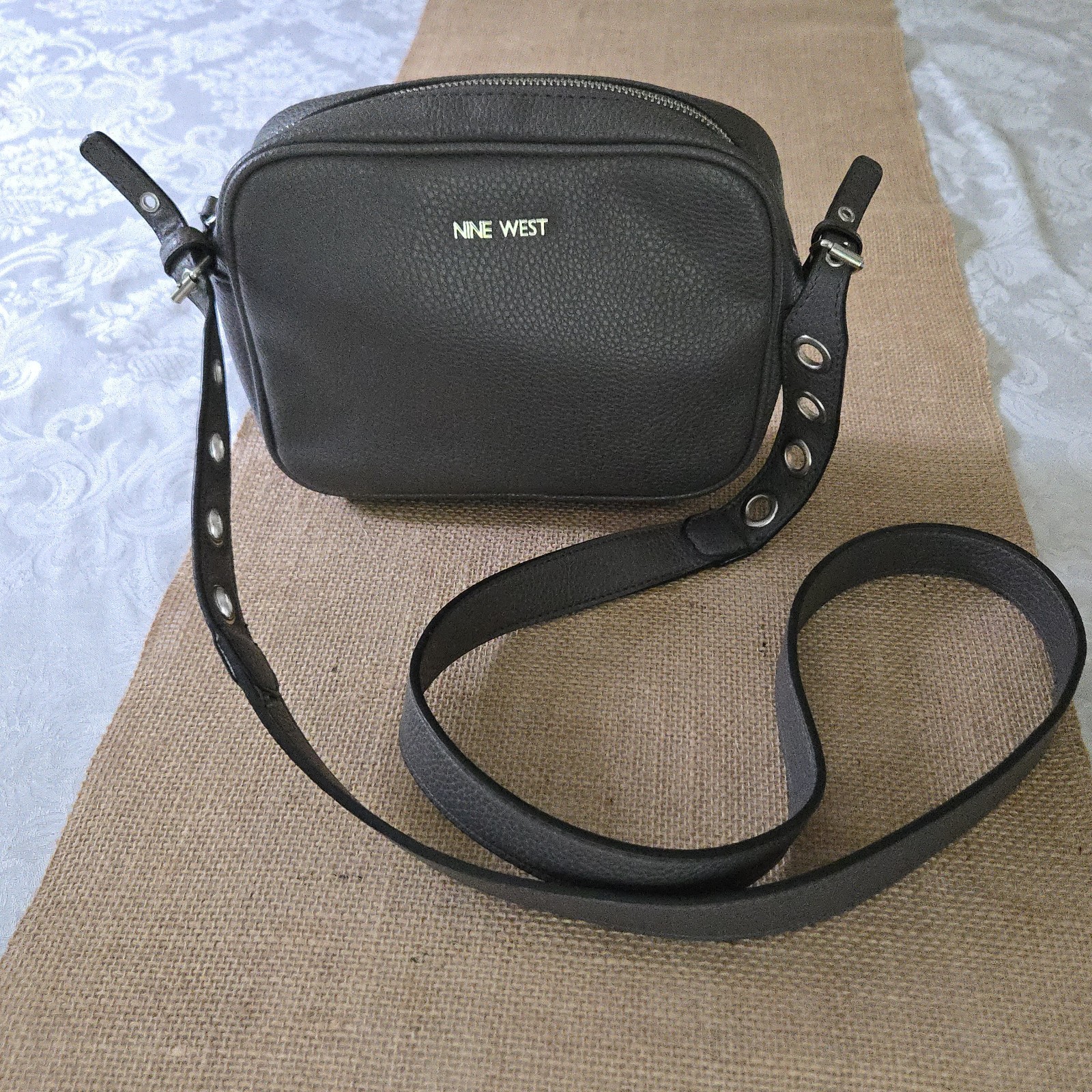 Nine West Grey Faux Leather Belt Bag with Adjustable Strap and Silver Hardware  