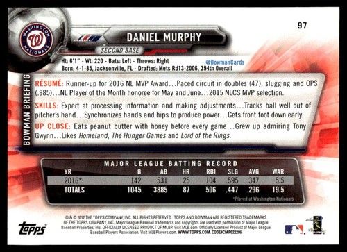 2017 Bowman Daniel Murphy Washington Nationals #97 - Picture 2 of 2
