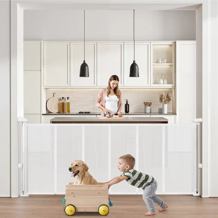 71 Inch Short Retractable Baby/Dog/Cat/Pet Gate Up To 71" Wide, 14" Tall, White
