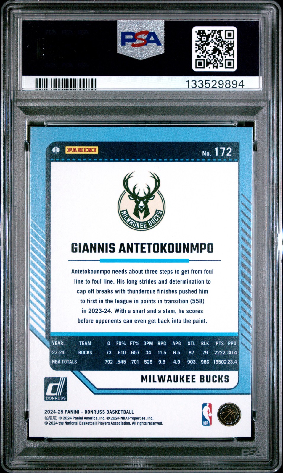 2024 PANINI DONRUSS DISCO #172 GIANNIS ANTETOKOUNMPO PSA 9 view 2
