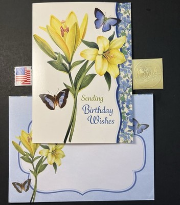 Die Cut BIRTHDAY Wishes Card-Yellow Lilies & Butterflies w/Env/Seal/Stamp