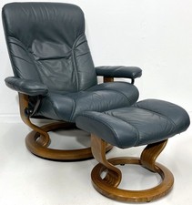 Ekornes Stressless Large Governor Blue Leather Swivel Recliner Chair  Ottoman