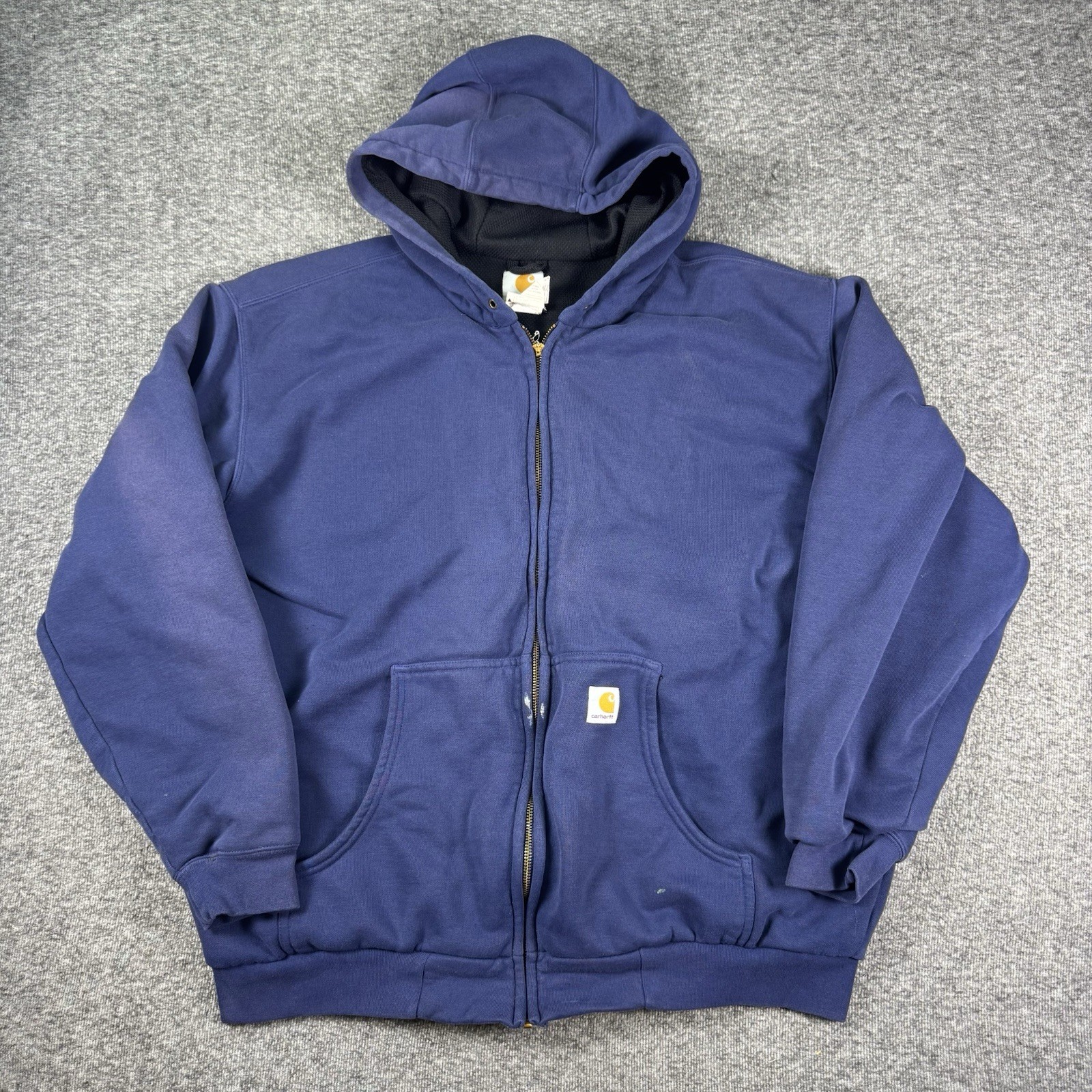 Carhartt J149 Mens Large Navy Full Zip Hooded Thermal Lined Work Jacket Faded