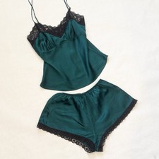 90s Victoria s Secret Silk Green Black Lace Camisole Shorts 2PC PJ Cami Top Set