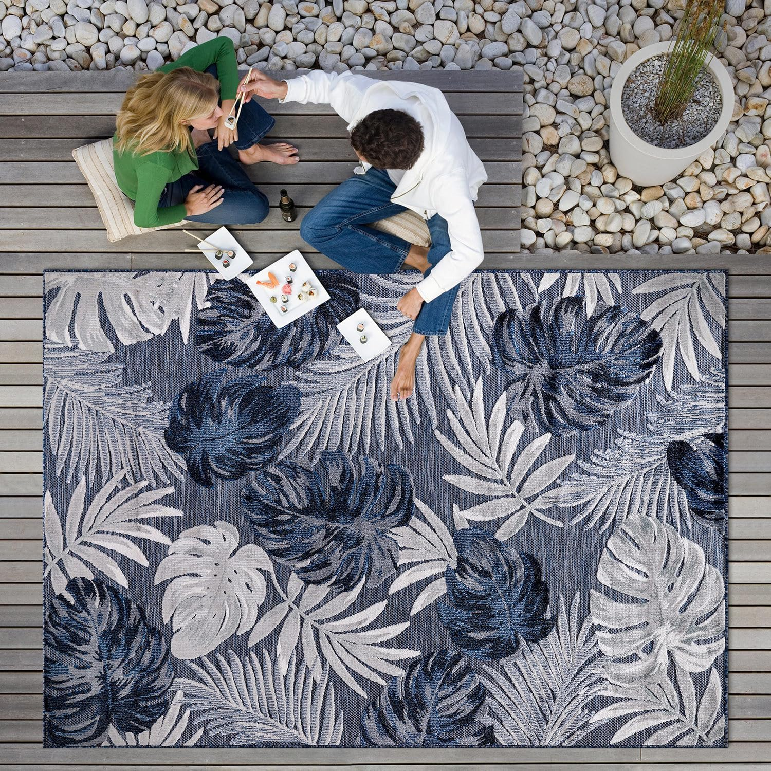 CAMILSON Indoor/Outdoor Rug, Navy 10’X14’ Leaf Tropical Botanical Area Rugs for