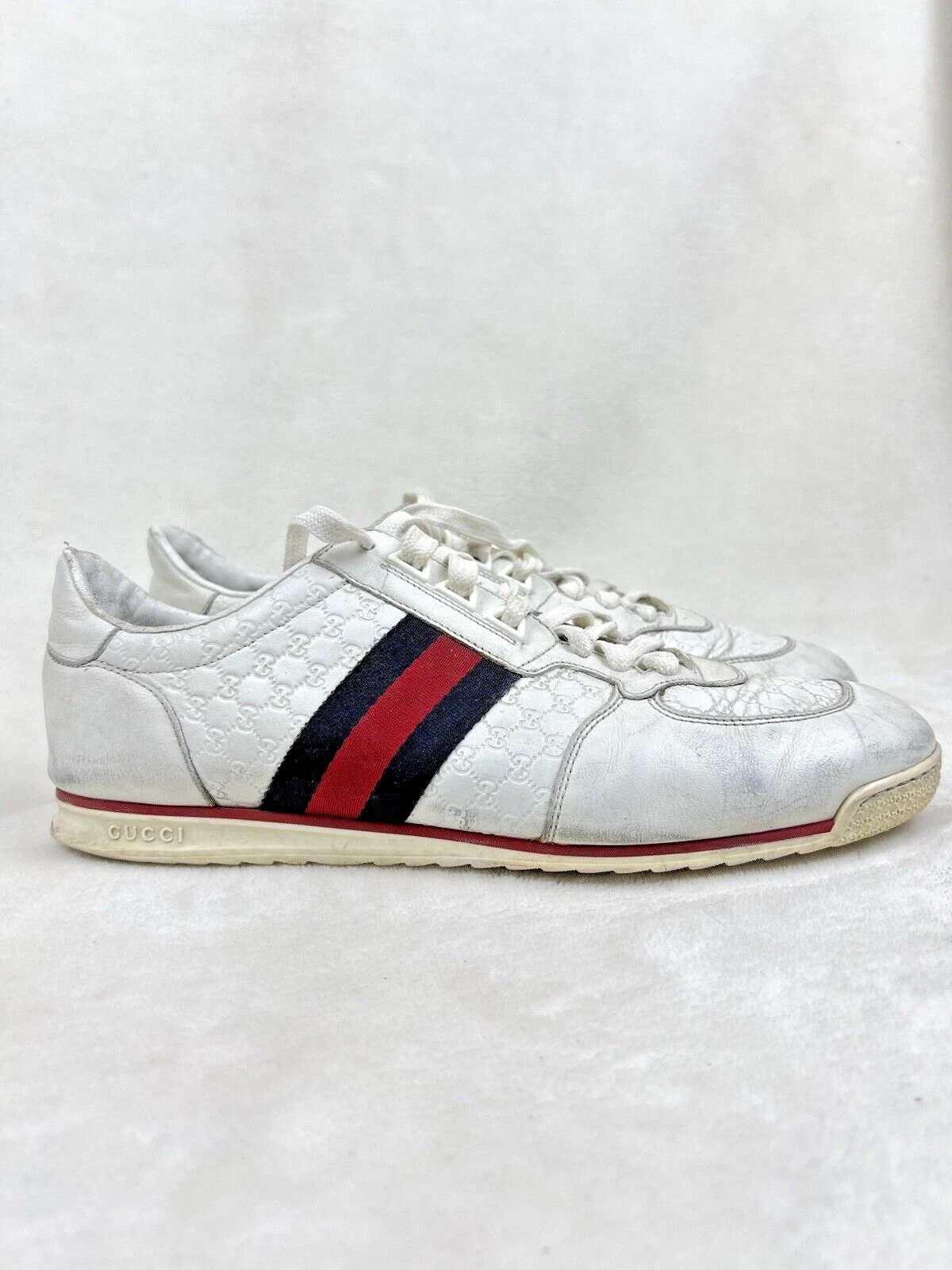 Baskets basses homme Gucci Micro Guccissima 233334 cuir blanc toile taille 9 G