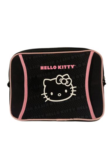 Étui de protection pour tablette iPad Hello Kitty noir avec garniture rose zippée + poche extérieure - Photo 1 sur 8