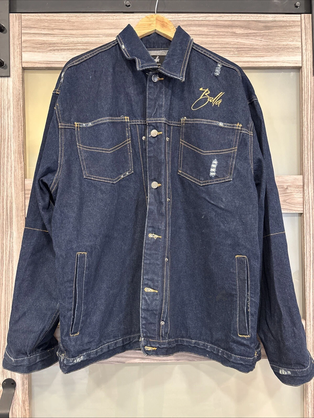 Vtg Bella NYC Denim Jacket Unisex Sz L Western 90s Distressed Y2K Trucker Coat