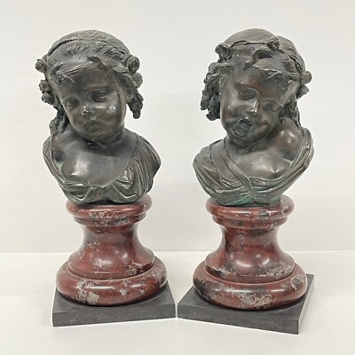 Antike Bronzeskulptur 19. Jh. Paar Büsten Mädchen Marmor Wandleuchter 37cm französisch