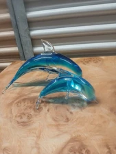 Pair Of Leaping Blue/Clear Heavy Glass Dolphin Figurines 11" And 7" 
