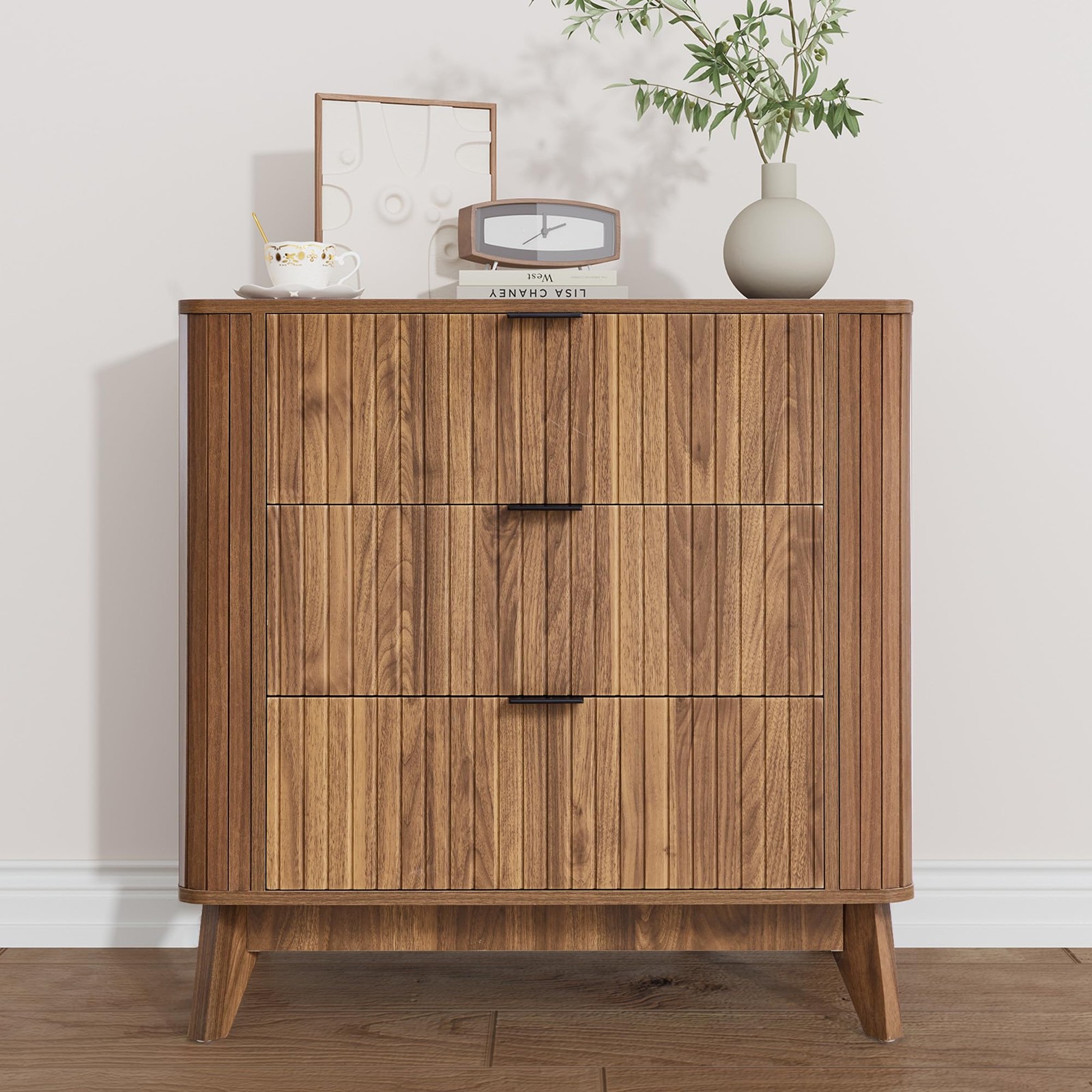 Curved 3 Drawer Dresser for Bedroom Wood Chest of Drawers