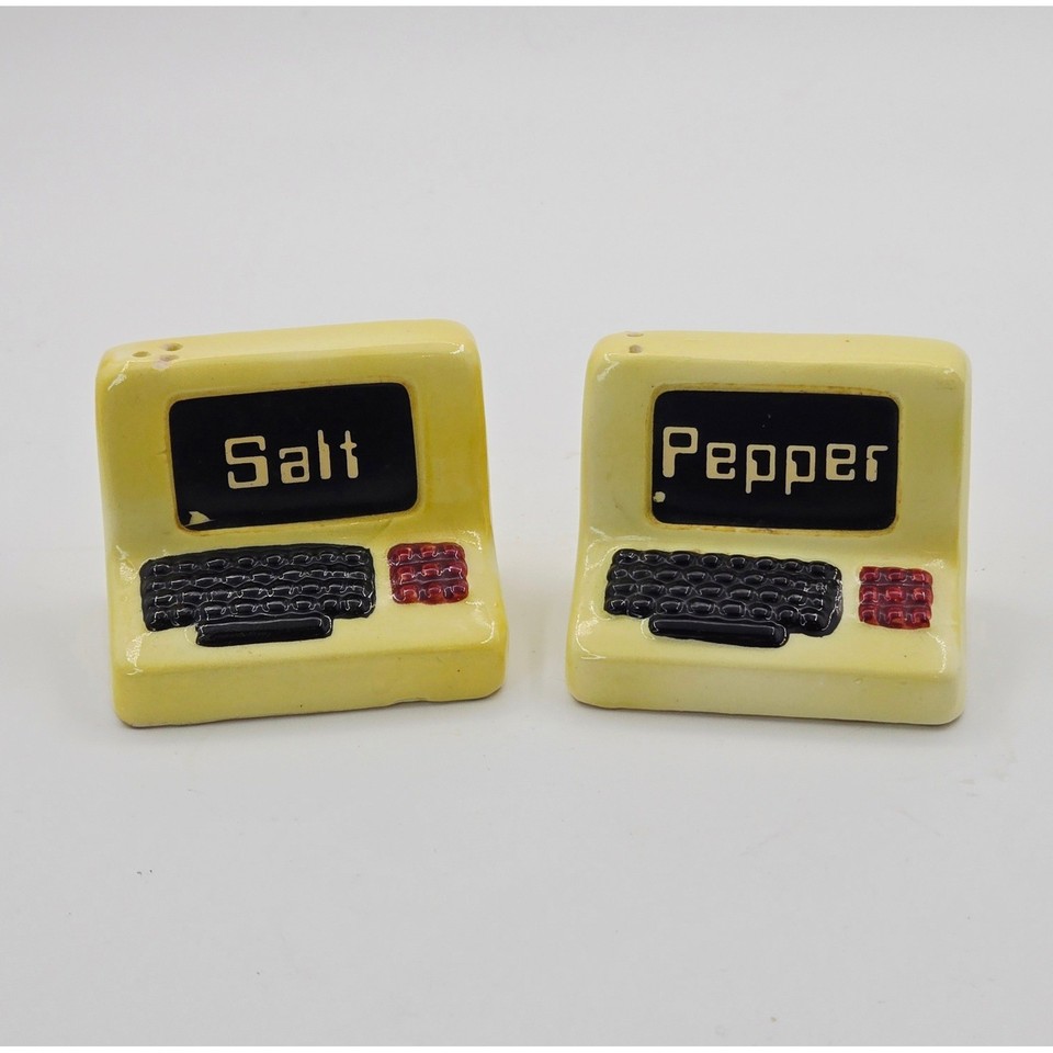 1984 salt and pepper shakers shaped like vintage CRT computer monitors — retro-tech kitsch at its absolute peak, made in Japan for Sarsaparilla.