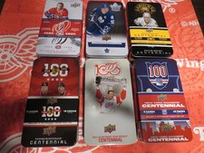 6 EMPTY TIN BOXES DIFF CENTENNIAL HOCKEY ORIGINAL CLUBS 1OOTH ANNIVERSARY