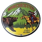 Vintage Winchester Porcelain Sign - Hunting Advertisement Cowboy and Bear Sign