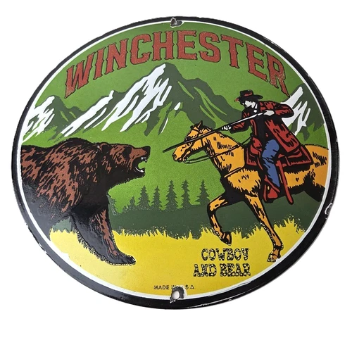 Vintage Winchester Porcelain Sign - Hunting Advertisement Cowboy and Bear Sign