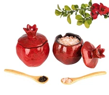 GABROC Salt Cellar 2 PCS Ceramic Pomegranate Shaped Salt Bowl With Lid and Spoon