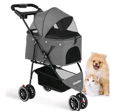 CHIHUAHUA 🐕 Pet Dog Cat Stroller for Sm~lrg Dogs Cats w/ Cup Holder Blk~n~Gry👀