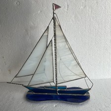 Stained Glass Sailboat, Blue  White w/ Red Flag- 9 1/2      