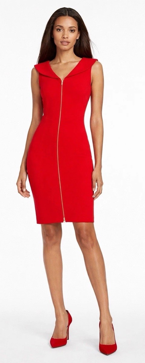 calvin klein red dresses Dark Winter Cranberry Sleeveless Starburst Sheath Dress with a V Calvin Klein Red Side Ruched