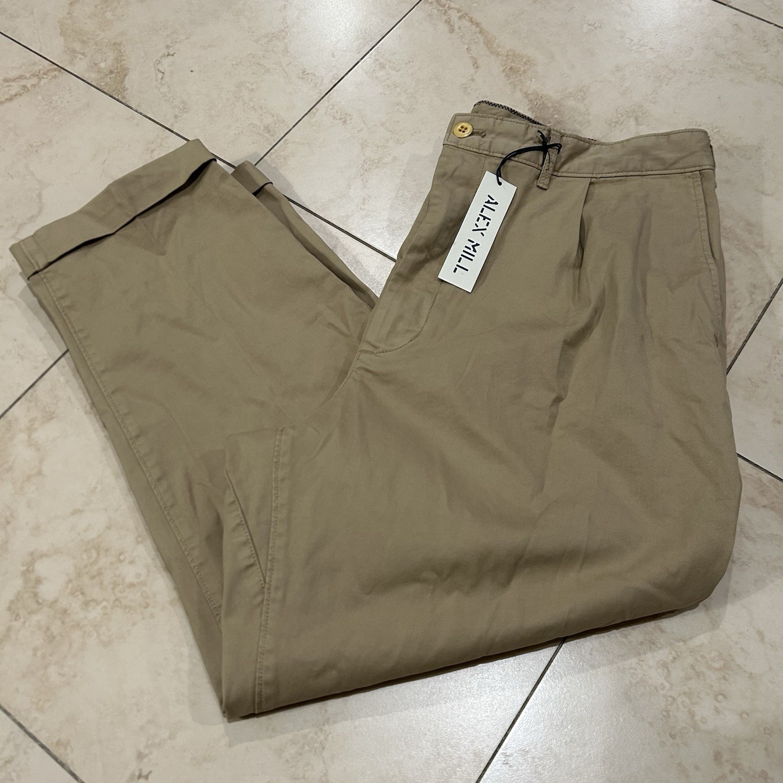 Vintage Alex Mill Mens Khaki Straight Pleated Stretch Chino Pants Size 36 NEW