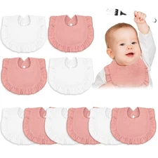 10-Pcs Pink and White Baby Muslin Bibs Ruffle Bandana Drool Bibs for Girls