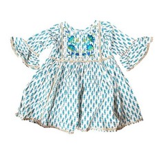 Really So Cute Girls Blue Green Floral Embroidered Paisley Bell Sleeve Dress